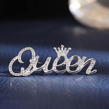 Crystal Rhinestone Crown with Word Queen Safety Pin Brooch, Feminism Alloy Badge for Women, Silver, 18x50mm
