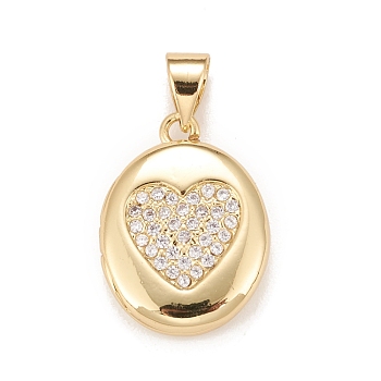 Brass Micro Pave Cubic Zirconia Locket Pendants, Photo Frame Charms for Necklaces, Real 18K Gold Plated, Lead Free & Cadmium Free, Oval with Heart, Clear, 18.5x13.5x4.5mm, Hole: 4x3mm, Inner Diameter: 12x9mm