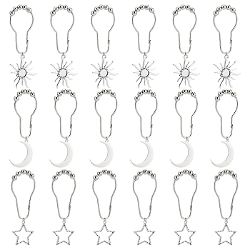 Olycraft 18Pcs 3 Style Universe Theme Iron Shower Curtain Rings for Bathroom, with Tibetan Style Alloy Pendants, Sun & Moon & Star, Antique Silver & Platinum, 110~120mm, 6pcs/style