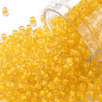 TOHO Round Seed Beads, Japanese Seed Beads, (974) Inside Color Crystal/Sunflower Yellow Lined , 8/0, 3mm, Hole: 1mm, about 1110pcs/50g