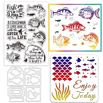 Custom PVC Plastic Clear Stamps, with PET Hollow Out Drawing Painting Stencils and Carbon Steel Cutting Dies Stencils, Fish, 136~200x110~200x0.8~3mm