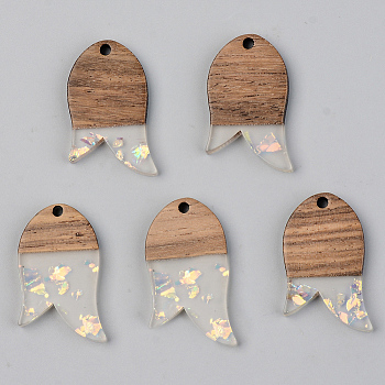 Transparent Resin & Walnut Wood Pendants, with Glitter Sequins/Paillette, Fish, Clear, 28x18x3mm, Hole: 2mm