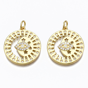 Brass Micro Pave Clear Cubic Zirconia Pendants, with Jump Rings, Nickel Free, Flat Round with Eye, Real 16K Gold Plated, 22x20x2mm, Hole: 3mm