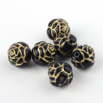 Flower Plating Acrylic Beads, Golden Metal Enlaced, Black, 10x10mm, Hole: 1mm