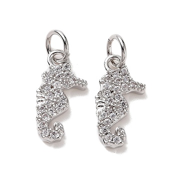 Brass Charms, with Micro Pave Cubic Zirconia and Jump Rings, Sea Horse, Clear, Platinum, 11x6x1.2mm, Hole: 3.5mm