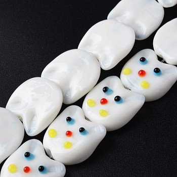 Handmade Lampwork Beads Strands, Cat, White, 15.5~16.5x15.5~16.5x5~6mm, Hole: 1mm, about 30pcs/strand, 17.91 inch~18.50 inch(45.5cm~47cm)