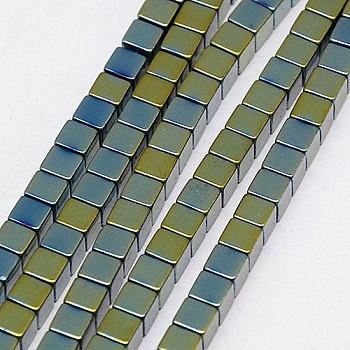 Electroplate Non-magnetic Synthetic Hematite Beads Strands, Cube, Grade AAAA, Green Plated, 2x2x2mm, Hole: 0.8mm, about 163pcs/strand, 16 inch