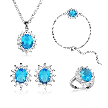 Cubic Zirconia Oval Pendant Necklace & Link Bracelet & Cuff Ring & Stud Earrings, Platinum Brass Jewelry Set for Women, Black, 413mm, 167mm, Inner Diameter: 17mm, 13.5x11.5mm, Pin: 0.7mm