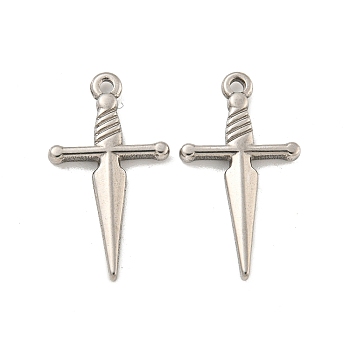 Non-Tarnish 304 Stainless Steel Pendants, Sword Charm, Stainless Steel Color, 24x13.5x2mm, Hole: 1.4mm