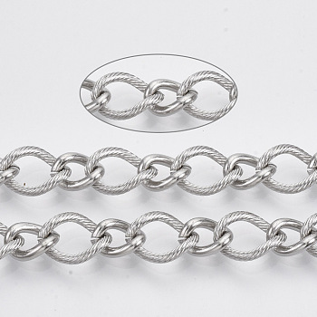 304 Stainless Steel Curb Chains, Twisted Chains, with Spool, Unwelded, Textured, Stainless Steel Color, Big Link: 13.5x10x2mm, Small Link: 10x7.5x2mm, about 32.8 Feet(10m)/roll
