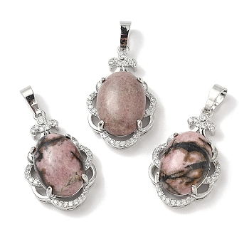 Natural Rhodonite Oval Pendants, Platinum Tone Brass Micro Pave Clear Cubic Zirconia Flower Charms, Long-Lasting Plated, Lead Free & Cadmium Free, 30x19x10mm, Hole: 7.8x5mm