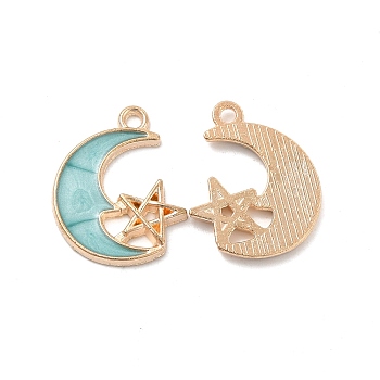 Alloy Enamel Pendants, Golden, Moon with Star Charm, Pale Turquoise, 19.3x15.5x1.8mm, Hole: 1.7mm