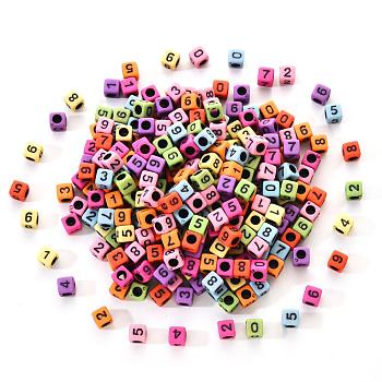 Opaque Mixed Colors Acrylic Beads, Cube with Black Number, 6x6x6mm, Hole: 3.5mm, 300pcs/set