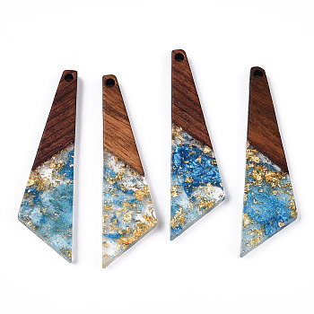 Transparent Resin & Walnut Wood Pendants, with Gold Foil, Quadrilateral Charms, Cornflower Blue, 49x13x3.5mm, Hole: 2mm