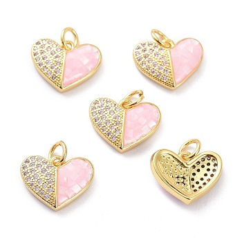 Real 18K Gold Plated Brass Micro Pave Clear Cubic Zirconia Pendants, with Shell filled in Enamel, Long-Lasting Plated, Heart, Pink, 11x14x4mm, Hole: 3mm