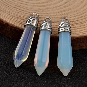 Bullet Opalite Pendants, with Platinum Tone Alloy Findings, 33~40x8~10mm, Hole: 3x2mm