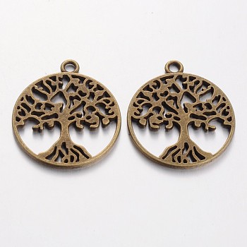 Tibetan Style Alloy Pendants, Tree of Life, Cadmium Free & Nickel Free & Lead Free, Antique Bronze, 29x25x1.5mm, Hole: 2mm