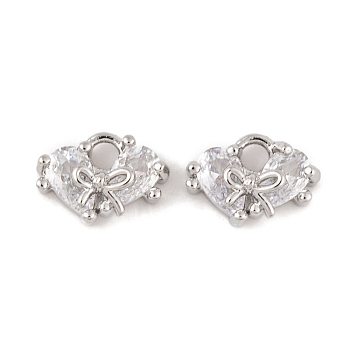 Brass Micro Pave Clear Cubic Zirconia Charms, Long-Lasting Plated, Heart, Platinum, 6.5x9x4.5mm, Hole: 1.5mm