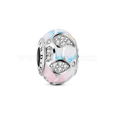 TINYSAND Pink Petal Glitter Rondelle Rhodium Plated 925 Sterling Silver European Beads(TS-C-018)-2