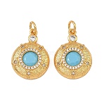 Brass Micro Pave Cubic Zirconia Pendants, Flat Round Charms, Rack Plating, Long-Lasting Plated, Lead Free & Cadmium Free, Golden, Deep Sky Blue, 20x14x4mm, Hole: 3mm(KK-F941-38A-G)