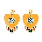 Brass Micro Pave Cubic Zirconia Pendants, with Enamel, Evil Eye with Heart Charms, Golden, 21x17.5x5mm, Hole: 5x2.5mm(KK-H262-11G)