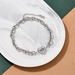 201 Stainless Steel Cable Chain Link Bracelets, with 304 Stainless Steel Heart Charm for Women, Stainless Steel Color, 8-1/2 inch(21.5cm)(BJEW-M051-01P-1)