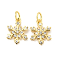 Rack Plating Brass Micro Pave Clear Cubic Zirconia Pendants, Long-Lasting Plated, with Jump Rings, Lead Free & Cadmium Free, Snowflake, For Christmas, Real 18K Gold Plated, 14x10.5x3mm, Hole: 3mm(X-KK-B093-04A-G)