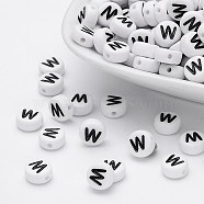 Acrylic Beads, with Horizontal Hole, Letter, Flat Round, Letter.W, 7x4mm, Hole: 1mm, about 3500pcs/500g(PL37C9070-W)