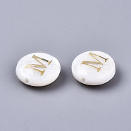 Natural Freshwater Shell Beads, with Golden Plated Brass Etched Metal Embellishments, Flat Round, Seashell Color, Letter.M, 8x3~5mm, Hole: 0.5~07mm(SHEL-S266-12M)