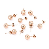 Ion Plating(IP) 304 Stainless Steel Stud Earring Findings, with Ear Nuts, Textured Round, Rose Gold, 19x8mm, Pin: 0.7mm(STAS-I183-09B-RG)