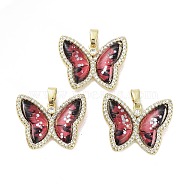 Real 18K Gold Plated Rack Plating Brass Micro Pave Cubic Zirconia Pendants, with Resin, Long-Lasting Plated, Cadmium Free & Lead Free, Butterfly, Dark Red, 21.5x26.5x5mm, Hole: 6x2.7mm(KK-R161-05G-08)