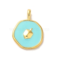 Hannukah Brass Enamel Pendants, Real 14K Gold Plated, Flat Round with Dreidel Charm, Pale Turquoise, 18.5x14x2mm, Hole: 3.5x2mm(KK-M278-07A-G)