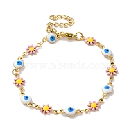 304 Stainless Steel Enamel Daisy Evil Eye Link Chain Bracelets for Women, Golden, 7-1/8 inch(18cm)(BJEW-B079-03G)
