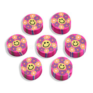 Handmade Polymer Clay Beads, Flat Round with Smiling Face & Flower, Deep Pink, 8.5~10x4.5mm, Hole: 1.5mm(CLAY-T019-14D)