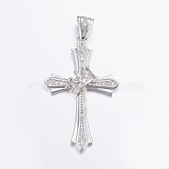 Brass Micro Pave Cubic Zirconia Pendants, Long-Lasting Plated, Real Platinum Plated, Cross, 42x25.5x3.5mm, Hole: 2.5x5.5mm(ZIRC-G125-83P)