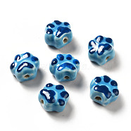 Handmade Printed Porcelain Beads, Paw Prints, Deep Sky Blue, 13.5x15x9.5mm, Hole: 1.8mm(PORC-F005-02A)