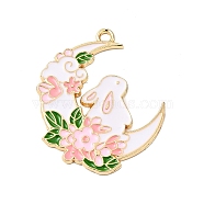 Alloy Enamel Pendants, Moon with Flower & Rabbit, Golden, White, 33x27x1.5mm, Hole: 1.8mm(ENAM-E002-01G-01)