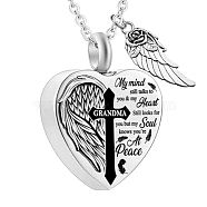 Heart and Wing Urn Ashes Pendant Necklace, Cross with Word Grandma 316L Stainless Steel Memorial Jewelry for Men Women, Word, 18.9 inch(48cm)(BOTT-PW0001-039D)