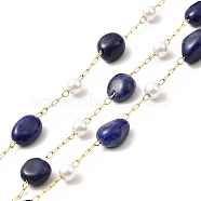 Ion Plating(IP) 316 Surgical Stainless Steel Paperclip Chains, with Natural Lapis Lazuli Nuggets Beads and Glass Beads, Soldered, Real 18K Gold Plated, with Spool, Link: 2.5x1x0.5mm(CHS-I019-19H)