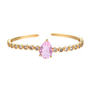 Glass Teardrop Open Cuff Bangle with Clear Cubic Zirconia for Women, Real 18K Gold Plated Brass Jewelry, Nickel Free, Pearl Pink, Inner Diameter: 2-1/8 inch(5.5cm)(BJEW-N012-013D)