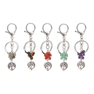Natural Mixed Gemstone Keychain, with Alloy Split Key Rings, Keychain Clasp and Flat Round with Tree Beads, 9cm(KEYC-JKC00426)