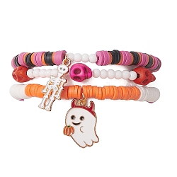 3Pcs Halloween Theme Handmade Polymer Clay Beaded Stretch Bracelets, with Alloy Enamel Skeleton Ghost Pendants and Glass Beads, Mixed Color, Inner Diameter: 2-1/8~2-1/4 inch(5.4~5.8cm)(BJEW-TA00470)