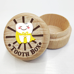 Round Beech Wooden 3D Engraved My First Tooth Superman Box, with Acrylic Cabochon, for Baby Shower Birthday Party, 5x3.6cm(CON-WH0120-005)