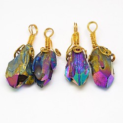 Electroplate Golden Wire Wrapped Gemstone Natural Crystal Pendants, Nuggets, Colorful, 34~51x10~16x5~10mm, Hole: 4~5mm(G-L133-07E)