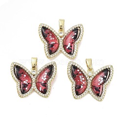 Real 18K Gold Plated Rack Plating Brass Micro Pave Cubic Zirconia Pendants, with Resin, Long-Lasting Plated, Cadmium Free & Lead Free, Butterfly, Dark Red, 21.5x26.5x5mm, Hole: 6x2.7mm(KK-R161-05G-08)