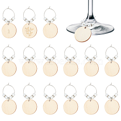 316 Surgical Stainless Steel Wine Glass Charms, with Natural Poplar Wood Pendants, Flat Round, BurlyWood, 62mm, 36pcs/set(AJEW-AB00180)