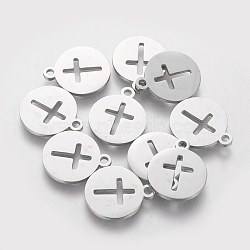 304 Stainless Steel Charms, Flat Round with Cross, Stainless Steel Color, 14x12x1mm, Hole: 1.5mm(STAS-Q201-T066)