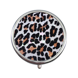 Portable Stainless Steel Pill Box, with Shell and Mirror, 3 Grids Multi-use Travel Storage Boxes, Flat Round, Leopard Print, 5x1.4cm(CON-B011-16)