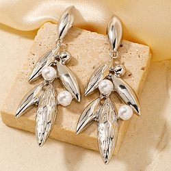 Cute and stylish Brass Leaf-shaped Stud Earrings, with Imitation Pearl, Silver, 72x26mm(OA0010-1)