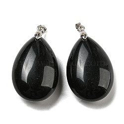 Natural Obsidian Pendants, Teardrop Charms, with Rack Plating Platinum Plated Brass Pinch Bails, Lead Free & Cadmium Free, 41~42x23~24x13~14.5mm, Hole: 4x3.5mm(G-H291-02P-04)